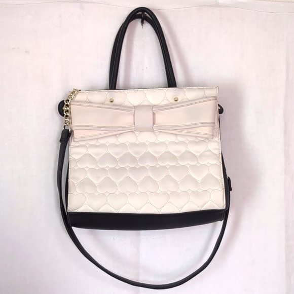 Betsey Johnson Quilted Hearts Faux Leather Tote Bag with Cross Strap - Picture 1 of 5